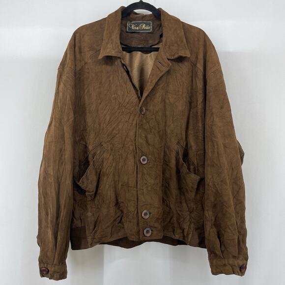 Vera Pella Size X-Large Vintage Suede Leather Bomber Jacket Mens Brown Button Up - Picture 1 of 6
